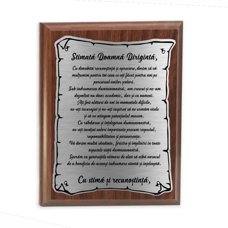 Stimata doamna diriginte, placheta lemn personalizata prin gravura